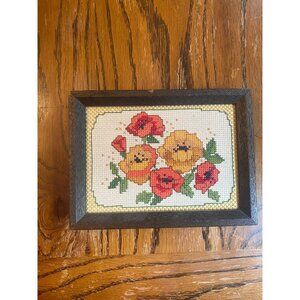 Vintage Framed Floral Cross-Stitch Artwork With Poppies & Yellow Accents